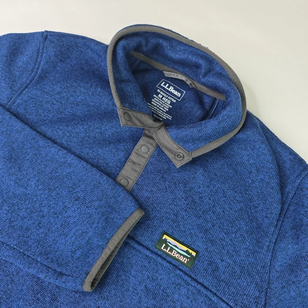 LL Bean Mens‎ Medium Quarter Snap Sweater Pullover Fleece Slightly Fitted Blue